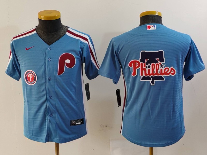 Youth Philadelphia Phillies Team Big Logo Blue Cool Base Stitched Baseball Jersey 5