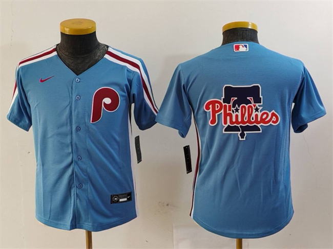 Youth Philadelphia Phillies Team Big Logo Blue Cool Base Stitched Baseball Jersey 1