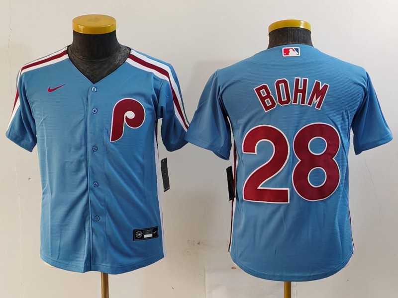 Youth Philadelphia Phillies #28 Alec Bohm Blue Cool Base Stitched Baseball Jersey 3