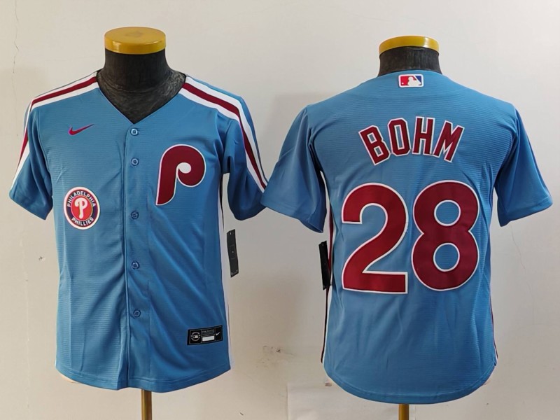 Youth Philadelphia Phillies #28 Alec Bohm Blue Cool Base Stitched Baseball Jersey 2