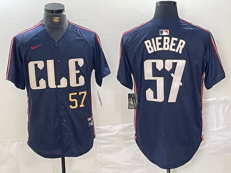 Men's Cleveland Guardians #57 Shane Bieber Navy 2024 City Connect Limited Stitched Baseball Jersey 6