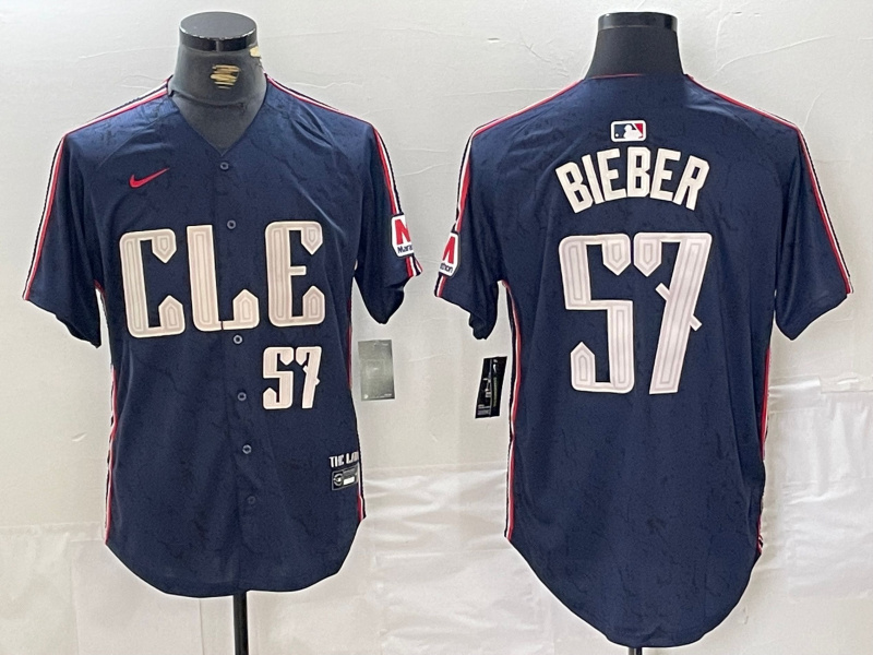 Men's Cleveland Guardians #57 Shane Bieber Navy 2024 City Connect Limited Stitched Baseball Jersey 5