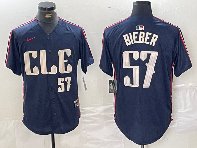 Men's Cleveland Guardians #57 Shane Bieber Navy 2024 City Connect Limited Stitched Baseball Jersey 4