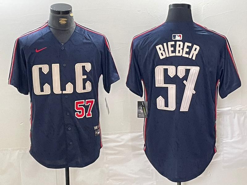 Men's Cleveland Guardians #57 Shane Bieber Navy 2024 City Connect Limited Stitched Baseball Jersey 3