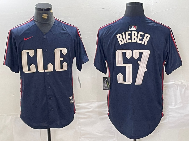 Men's Cleveland Guardians #57 Shane Bieber Navy 2024 City Connect Limited Stitched Baseball Jersey 2