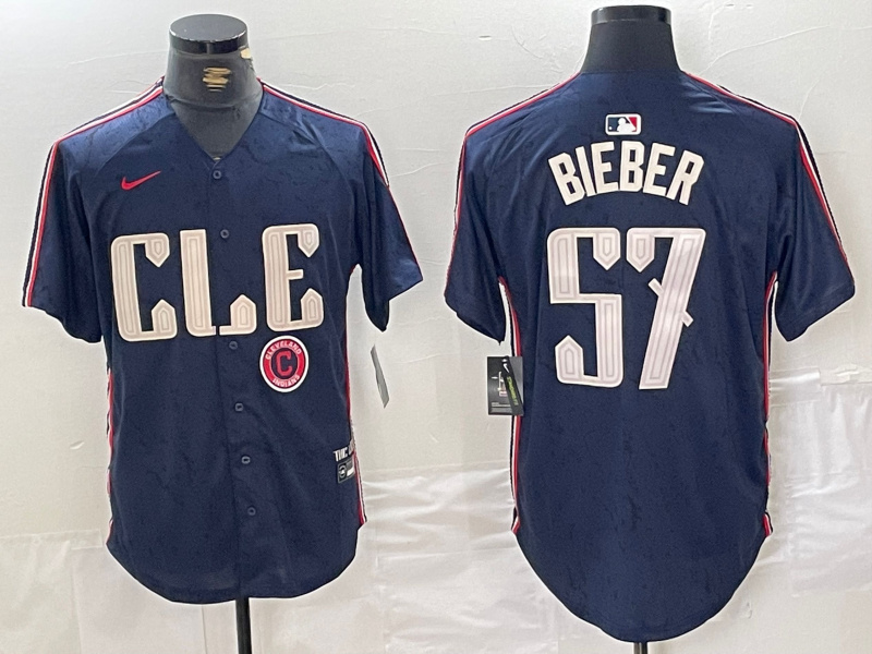 Men's Cleveland Guardians #57 Shane Bieber Navy 2024 City Connect Limited Stitched Baseball Jersey 1