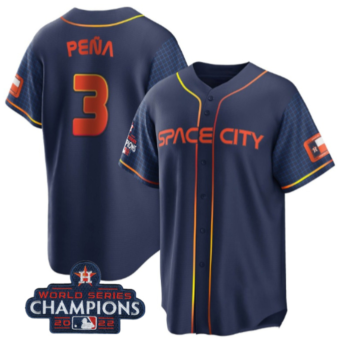 Men's Houston Astros #3 Jeremy Pe?a Navy 2022 World Series Champions City Connect Stitched Baseball Jersey