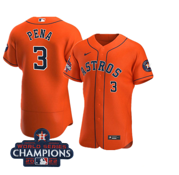 Men's Houston Astros #3 Jeremy Pena Orange 2022 World Series Champions Flex Base Stitched Baseball Jersey