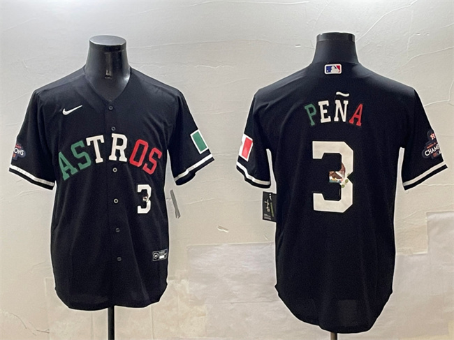 Men's Houston Astros #3 Jeremy Pe?a Black Mexico With World Serise Champions Patch Cool Base Stitched Baseball Jersey