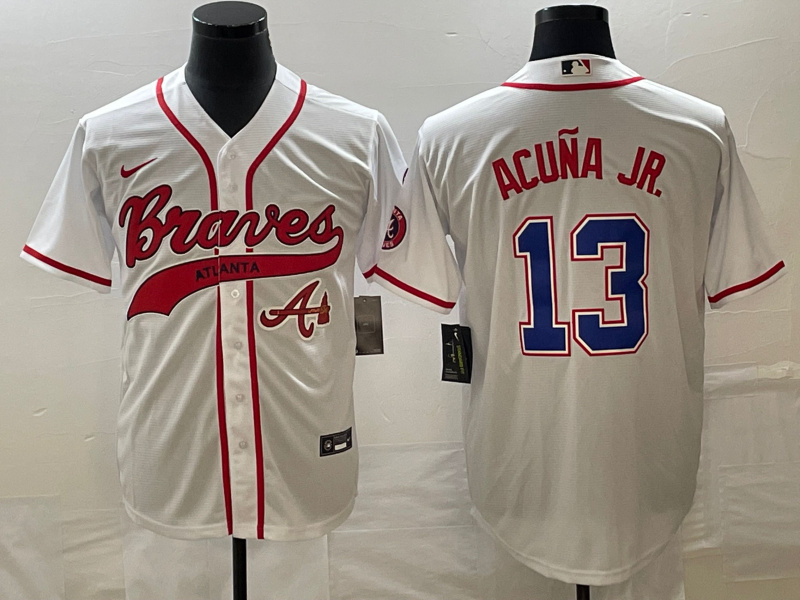 Men's Atlanta Braves #13 Ronald Acu?a Jr. White Cool Base With Patch Stitched Baseball Jersey