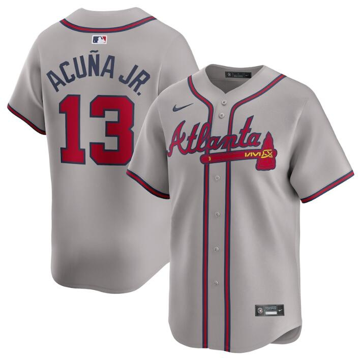 Men's Atlanta Braves #13 Ronald Acu?a Jr. Grey 2024 Away Limited Stitched Baseball Jersey