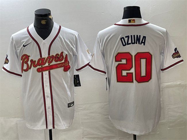 Men's Atlanta Braves #20 Marcell Ozuna White Gold World Series Champions Cool Base Stitched Baseball Jersey