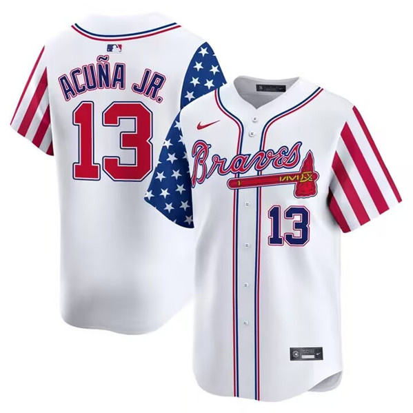 Men's Atlanta Braves #13 Ronald Acu?a Jr. White 2024 Independence Day Vapor Limited Stitched Baseball Jersey