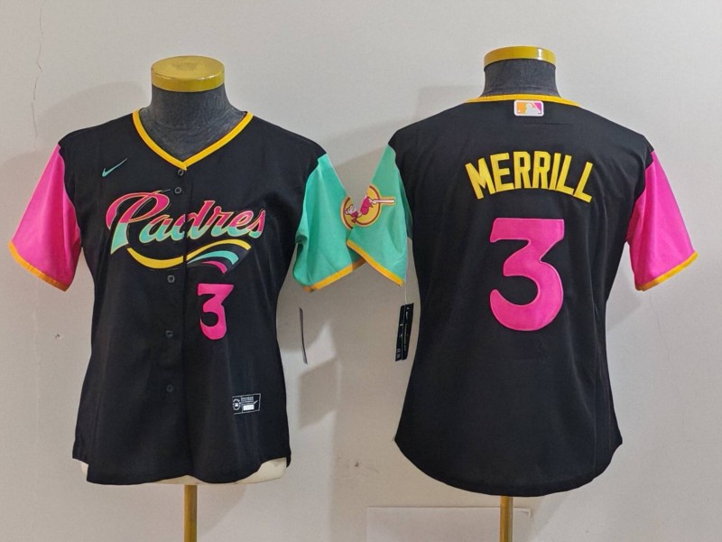 Women's San Diego Padres #3 Jackson Merrill Black City Connect Stitched Baseball Jersey(Run Small) 5