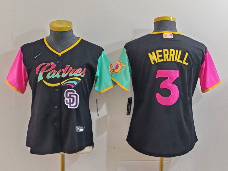 Women's San Diego Padres #3 Jackson Merrill Black City Connect Stitched Baseball Jersey(Run Small) 3