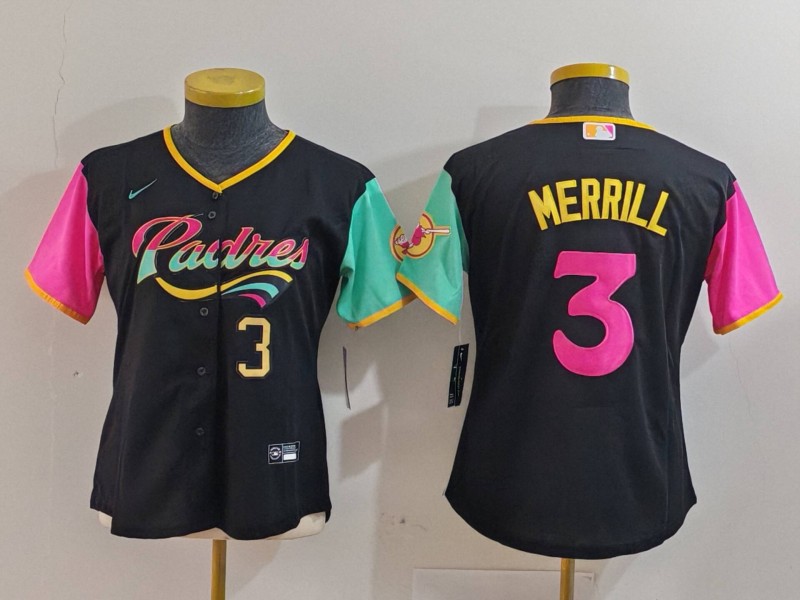 Women's San Diego Padres #3 Jackson Merrill Black City Connect Stitched Baseball Jersey(Run Small) 1
