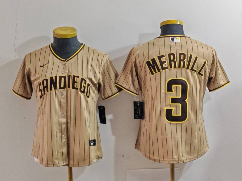 Women's San Diego Padres #3 Jackson Merrill Tan Stitched Baseball Jersey(Run Small) 3