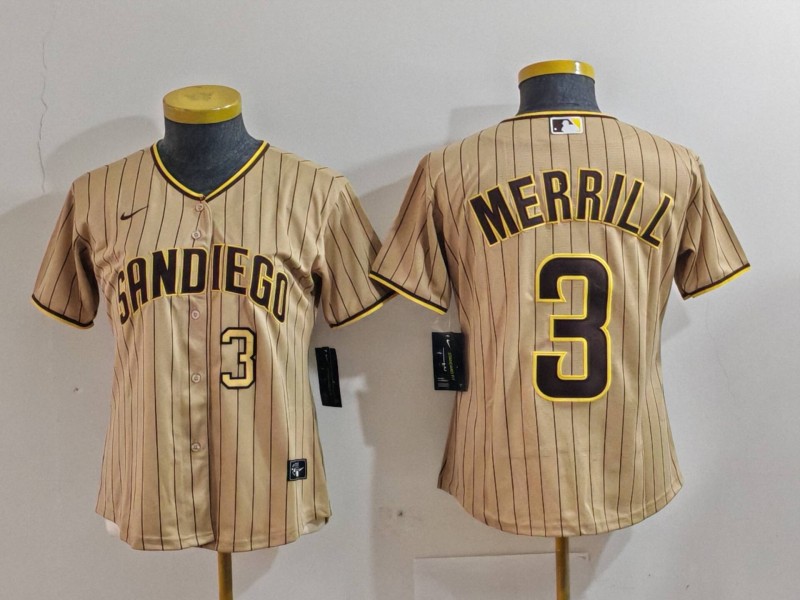 Women's San Diego Padres #3 Jackson Merrill Tan Stitched Baseball Jersey(Run Small) 2