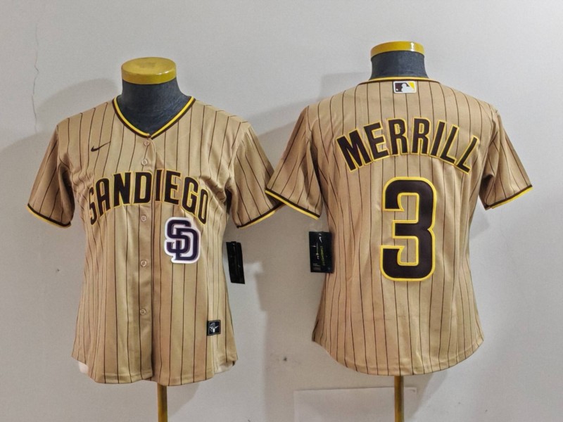 Women's San Diego Padres #3 Jackson Merrill Tan Stitched Baseball Jersey(Run Small) 1