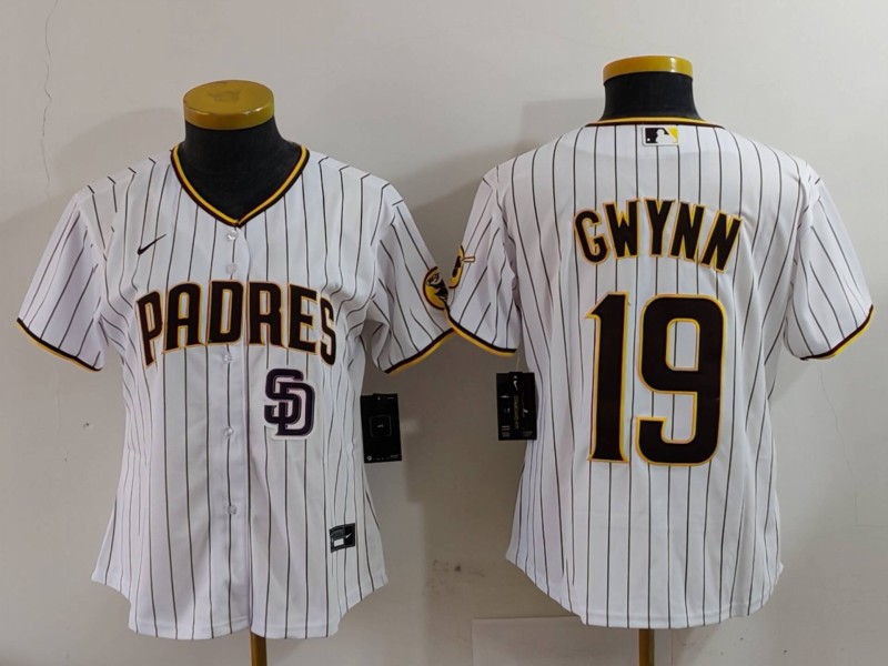 Women's San Diego Padres #19 19 Tony Gwynn White With PS Patch Cool Base Stitched Baseball Jersey 3