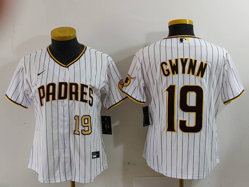 Women's San Diego Padres #19 19 Tony Gwynn White With PS Patch Cool Base Stitched Baseball Jersey 2