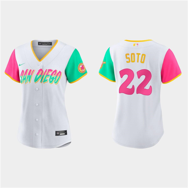Women's San Diego Padres #22 Juan Soto 2022 White City Connect Cool Base Stitched Baseball Jersey(Run Small)1