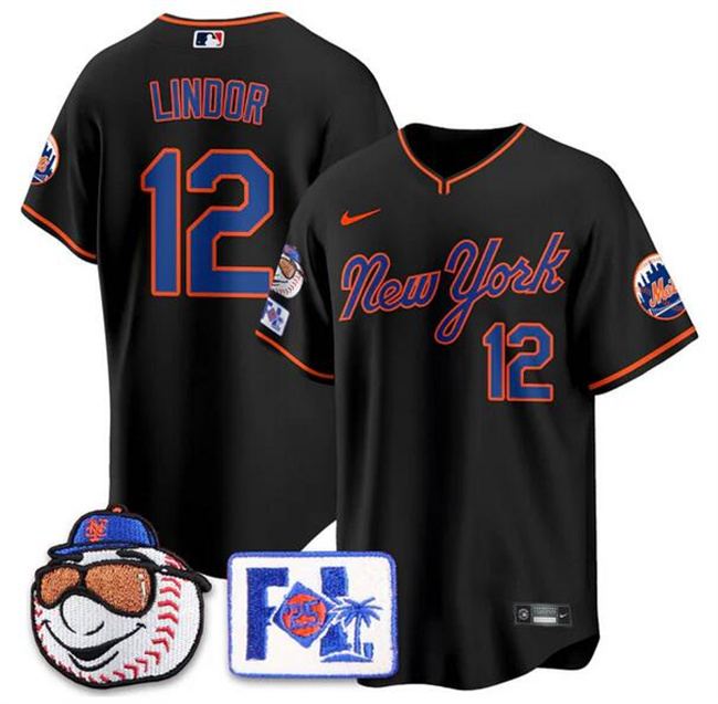 Men's New York Mets #12 Francisco Lindor Black 2025 Spring Training Stitched Baseball Jersey