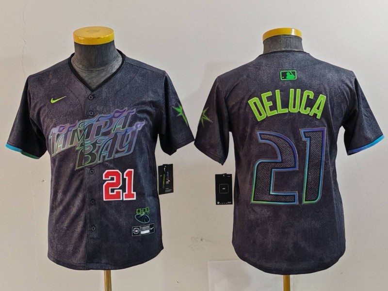 Youth Tampa Bay Rays #21 Jonny DeLuca Charcoal 2024 City Connect Limited Stitched Baseball Jersey 5