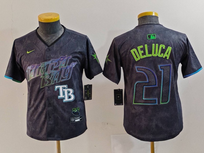 Youth Tampa Bay Rays #21 Jonny DeLuca Charcoal 2024 City Connect Limited Stitched Baseball Jersey 4