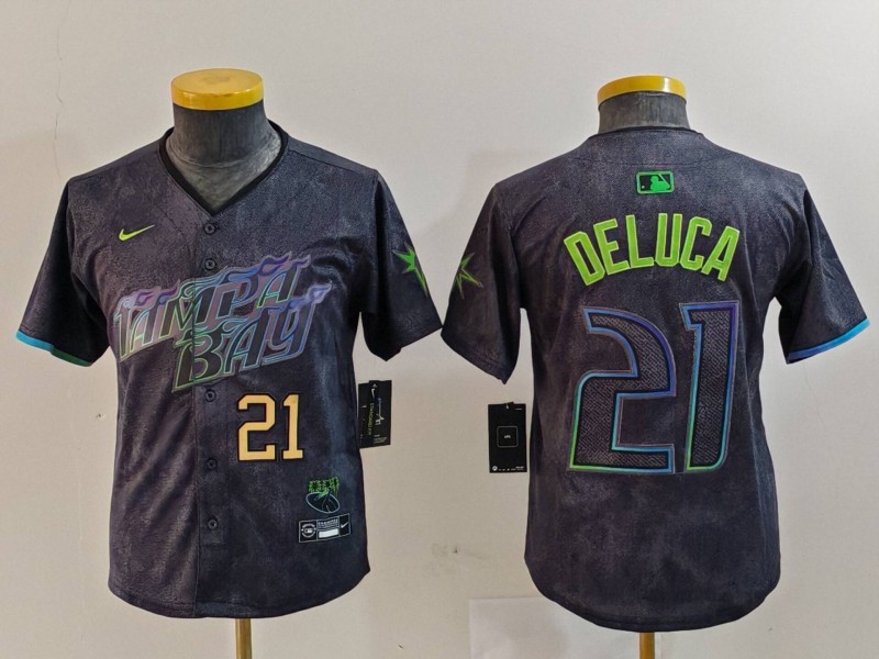 Youth Tampa Bay Rays #21 Jonny DeLuca Charcoal 2024 City Connect Limited Stitched Baseball Jersey 3