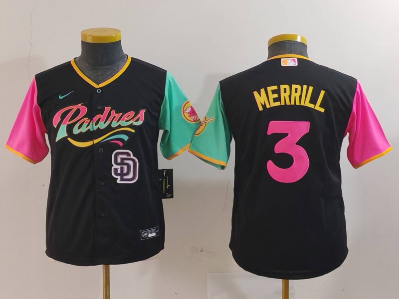 Youth San Diego Padres #3 Jackson Merrill Black City Connect Stitched Baseball Jersey(Run Small) 6