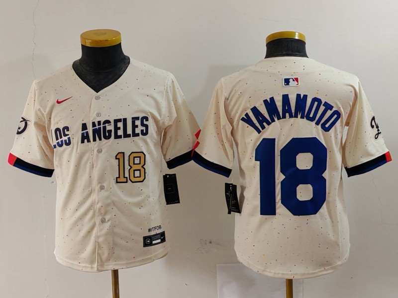 Youth Los Angeles Dodgers #18 Yoshinobu Yamamoto Cream Stitched Baseball Jersey 5