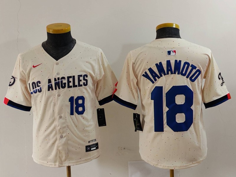 Youth Los Angeles Dodgers #18 Yoshinobu Yamamoto Cream Stitched Baseball Jersey 3