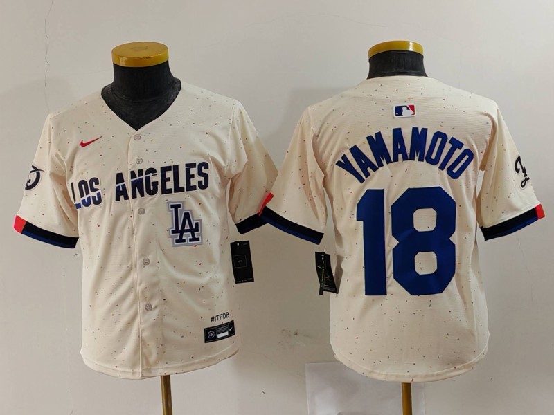 Youth Los Angeles Dodgers #18 Yoshinobu Yamamoto Cream Stitched Baseball Jersey 2