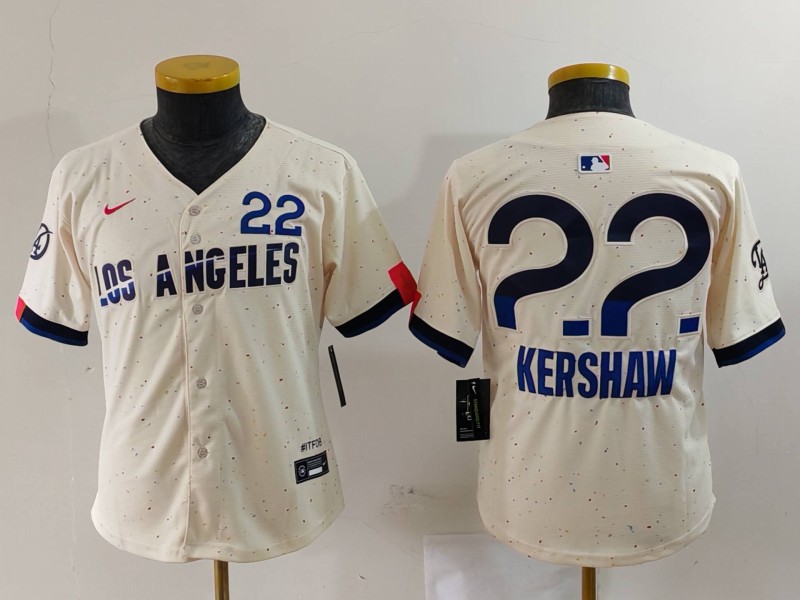 Youth Los Angeles Dodgers #22 Clayton Kershaw Cream Stitched Baseball Jersey 5