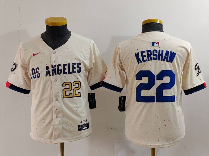 Youth Los Angeles Dodgers #22 Clayton Kershaw Cream Stitched Baseball Jersey 2