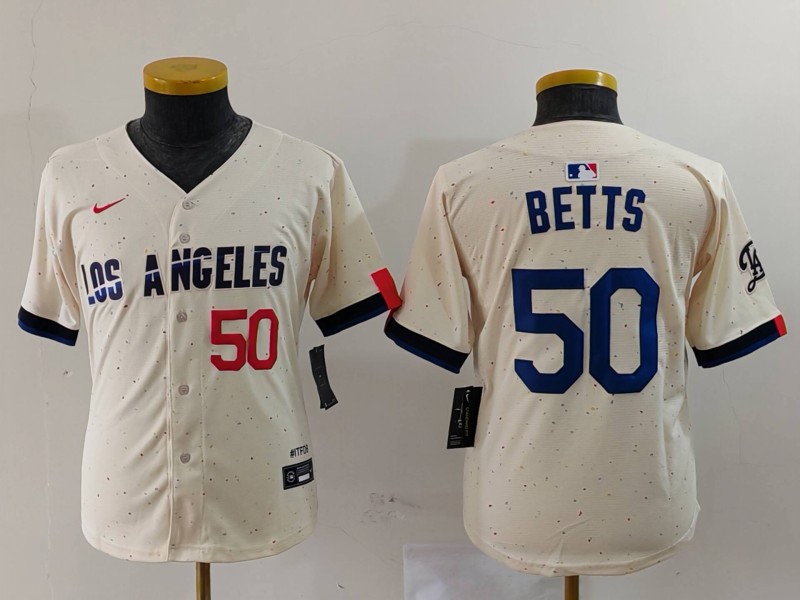 Youth Los Angeles Dodgers #50 Mookie Betts Cream 2024 City Connect Limited Stitched Baseball Jersey 4