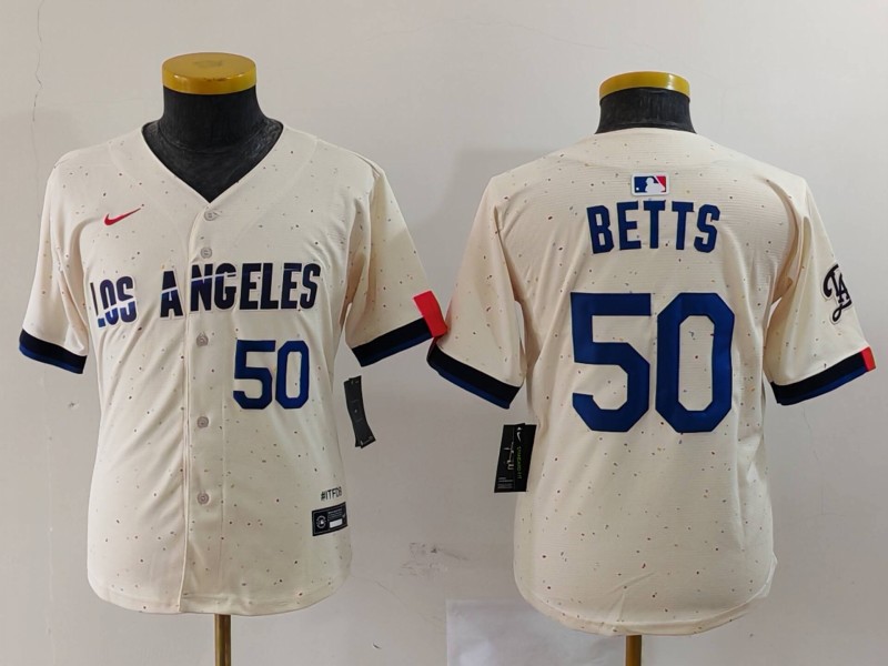 Youth Los Angeles Dodgers #50 Mookie Betts Cream 2024 City Connect Limited Stitched Baseball Jersey 2