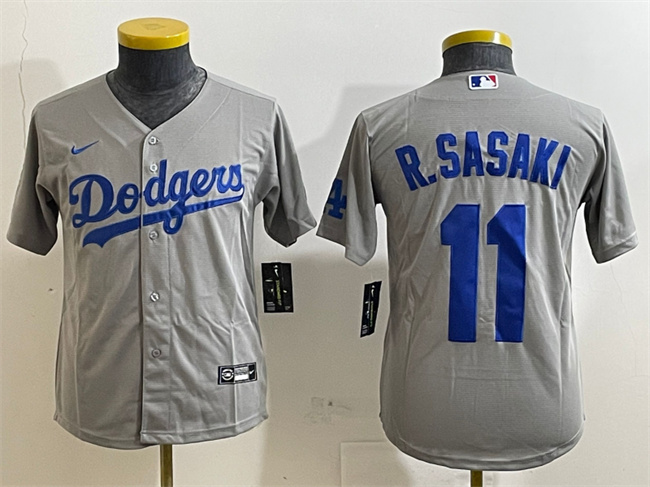Youth Los Angeles Dodgers #11 Roki Sasaki Grey Cool Base Stitched Baseball Jersey 1