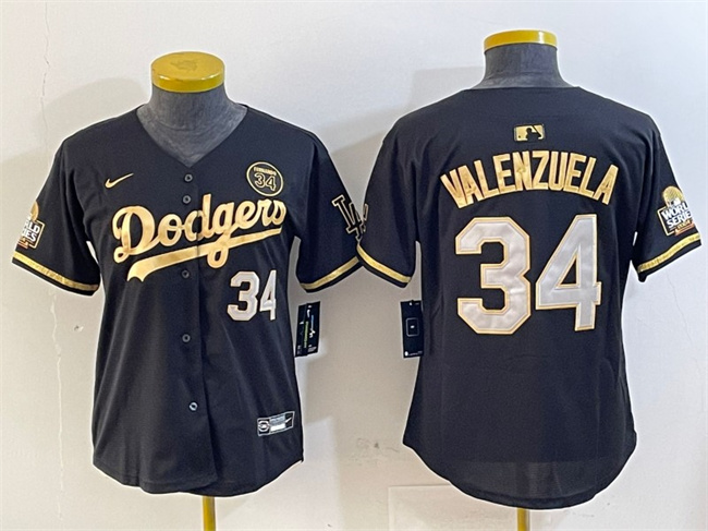 Youth Los Angeles Dodgers #34 Fernando Valenzuela Black Gold 2024 World Series With Fernando Patch Vapor Limited Stitched Baseball Jersey