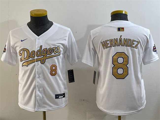 Youth Los Angeles Dodgers #8 Enrique Hernández White 2025 Gold Collection Limited Stitched Baseball Jersey