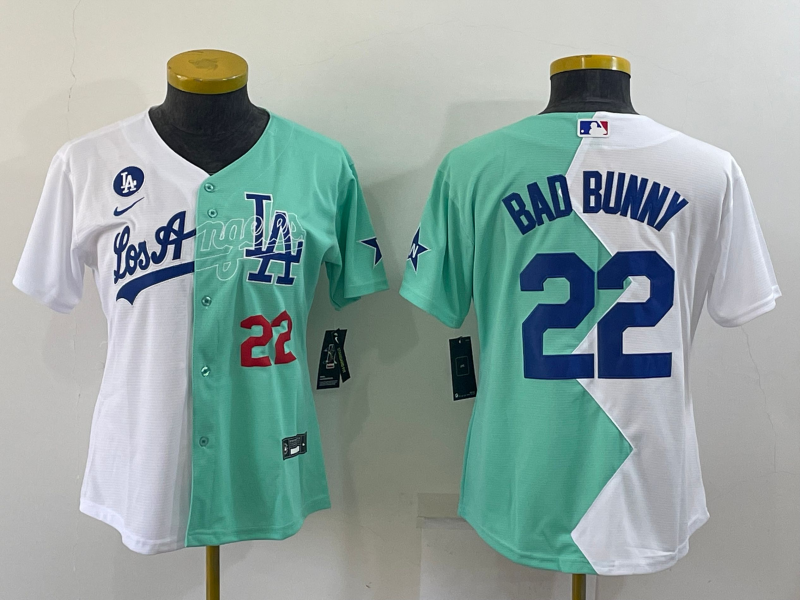 Youth Los Angeles Dodgers #22 Bad Bunny 2022 All-Star White Green Split Stitched Jerseys 1