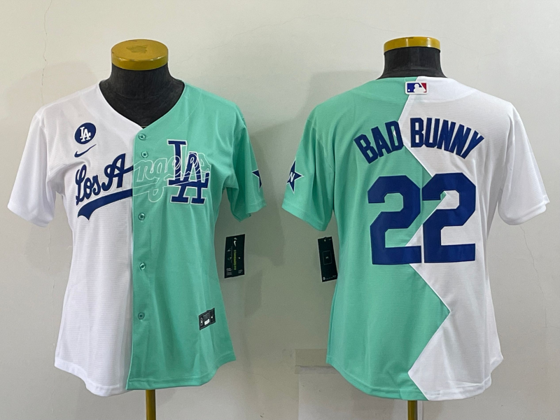 Youth Los Angeles Dodgers #22 Bad Bunny 2022 All-Star White Green Split Stitched Jerseys