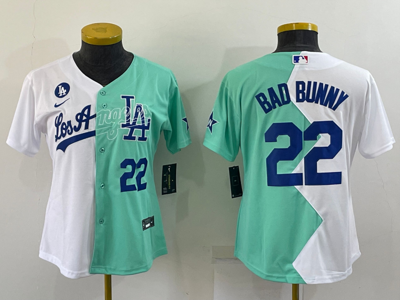 Youth Los Angeles Dodgers #22 Bad Bunny 2022 All-Star White Green Split Stitched Jersey