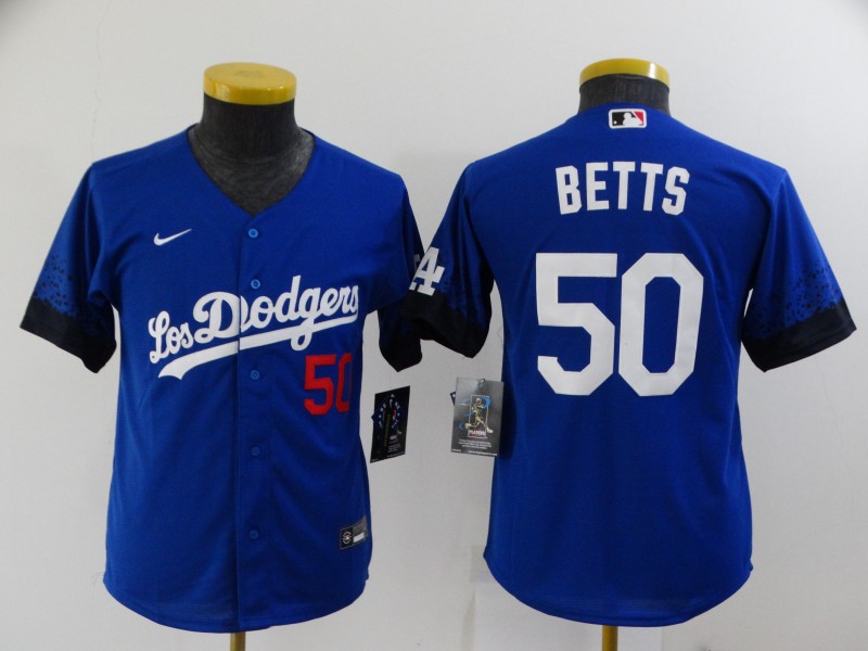 Youth Dodgers 50 Mookie Betts Royal Youth 2021 City Connect Cool Base Jersey