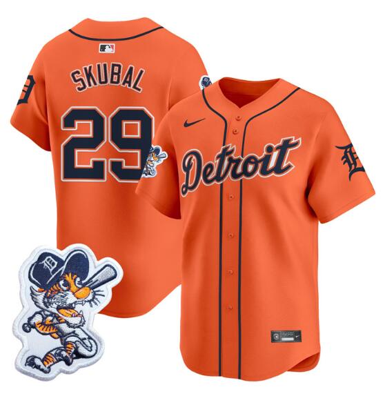 Men's Detroit Tigers #29 Tarik Skubal Orange With Patch Vapor Premier Limited Stitched Baseball Jersey