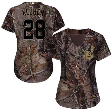 Indians #28 Corey Kluber Camo Realtree Collection Cool Base Women's Stitched Baseball Jersey