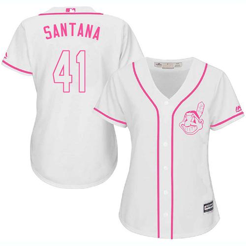Indians #41 Carlos Santana White Pink Fashion Women's Stitched MLB Jersey