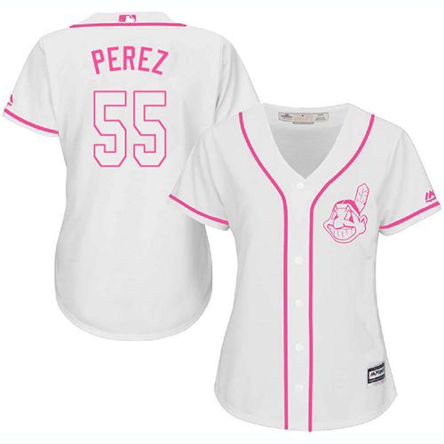 Indians #55 Roberto Perez White Pink Fashion Women's Stitched MLB Jersey