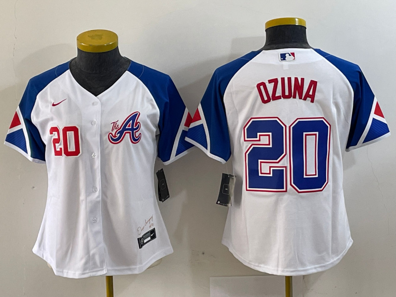 Women's Atlanta Braves #20 Marcell Ozuna White 2023 City Connect Stitched Baseball Jersey(Run Small) 2